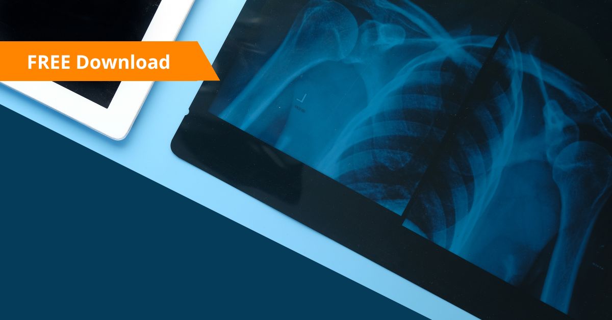 X-ray images glow on the tablet, partially covered by a white overlay. An orange FREE Download banner on a blue background captures attention, while ensuring radiation safety is paramount in every scan.